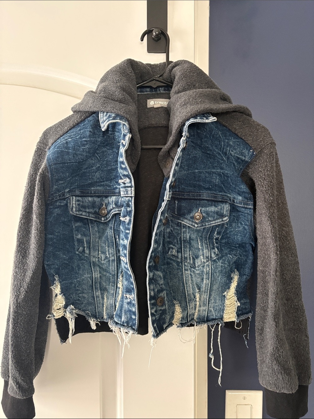 Tractr XL Blue Denim and Gray Hooded Jacket